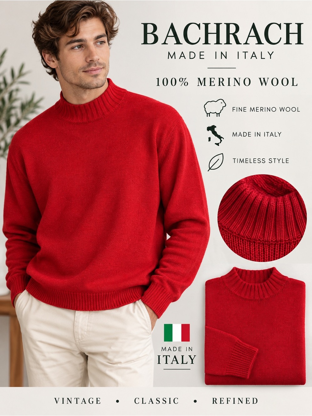 Vintage Bachrach Red Merino Wool Mock Neck Sweater Made in Italy Men’s M